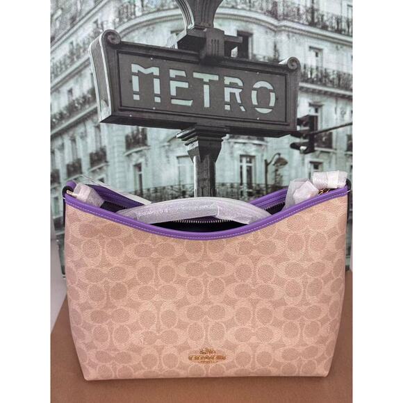 Coach CV975 Laurel Shoulder Bag In Signature Canvas IN SAND/IRIS - Picture 1 of 8